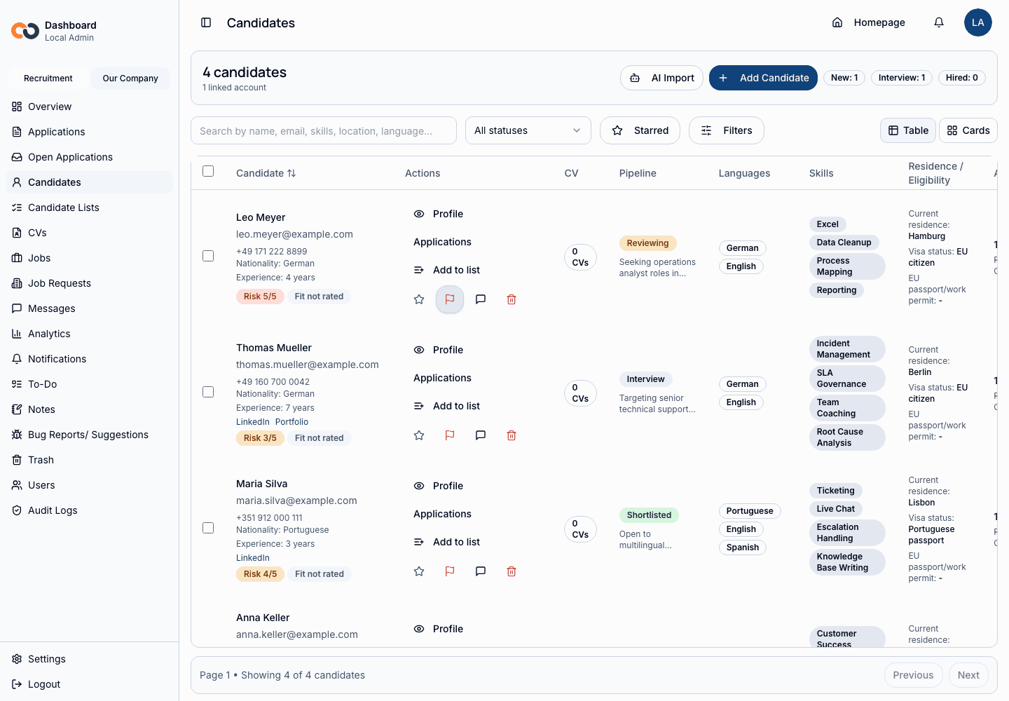 Recruina interface